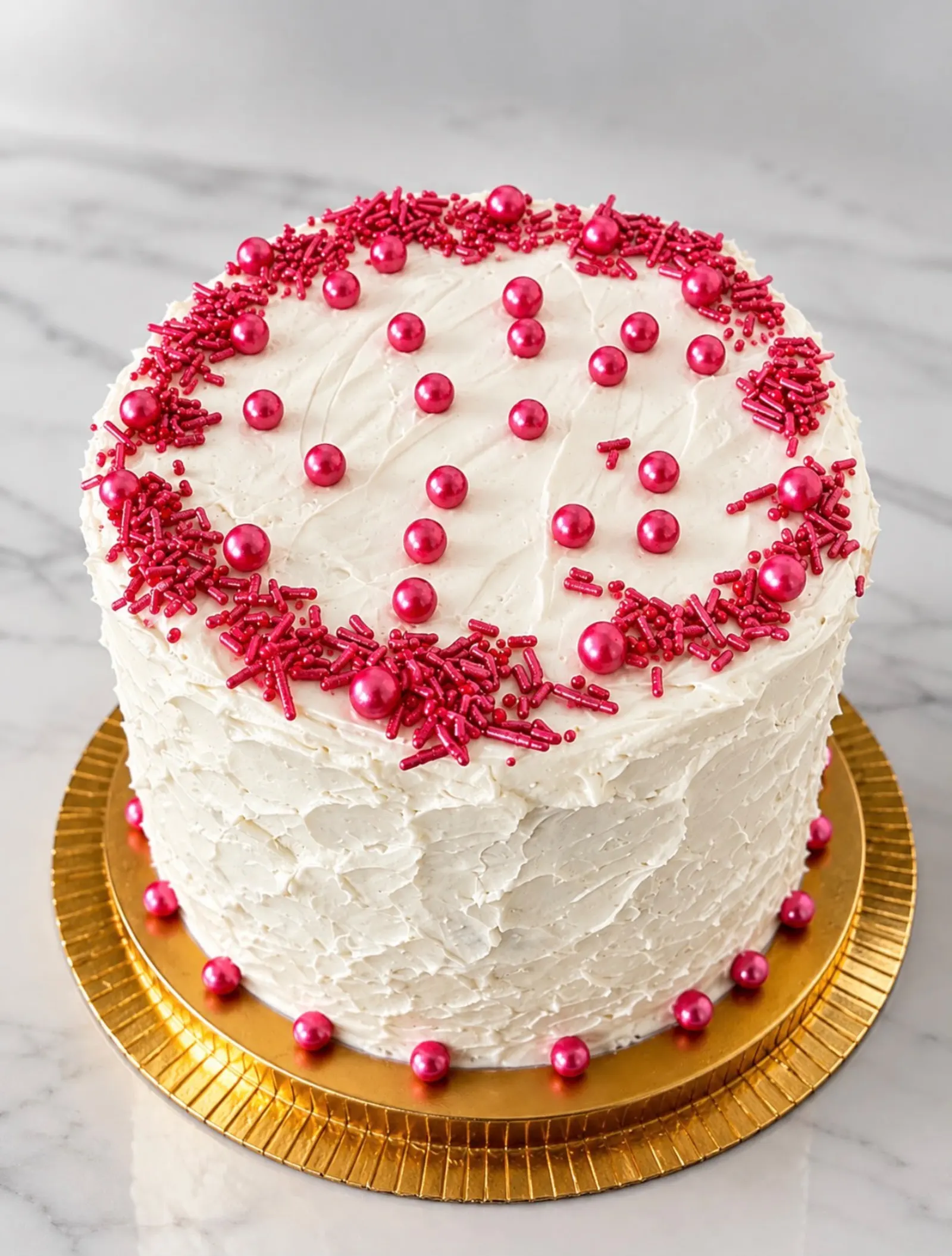 Bolo branco com granulado e pérolas cor-de-rosa sobre base dourada